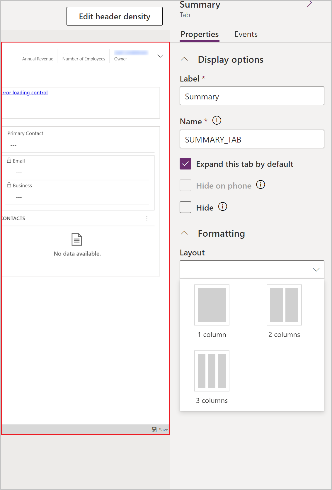 Verwenden Sie ein anderes Layout als die standardmäßigen drei Spalten in einem Registerkartenlayout.